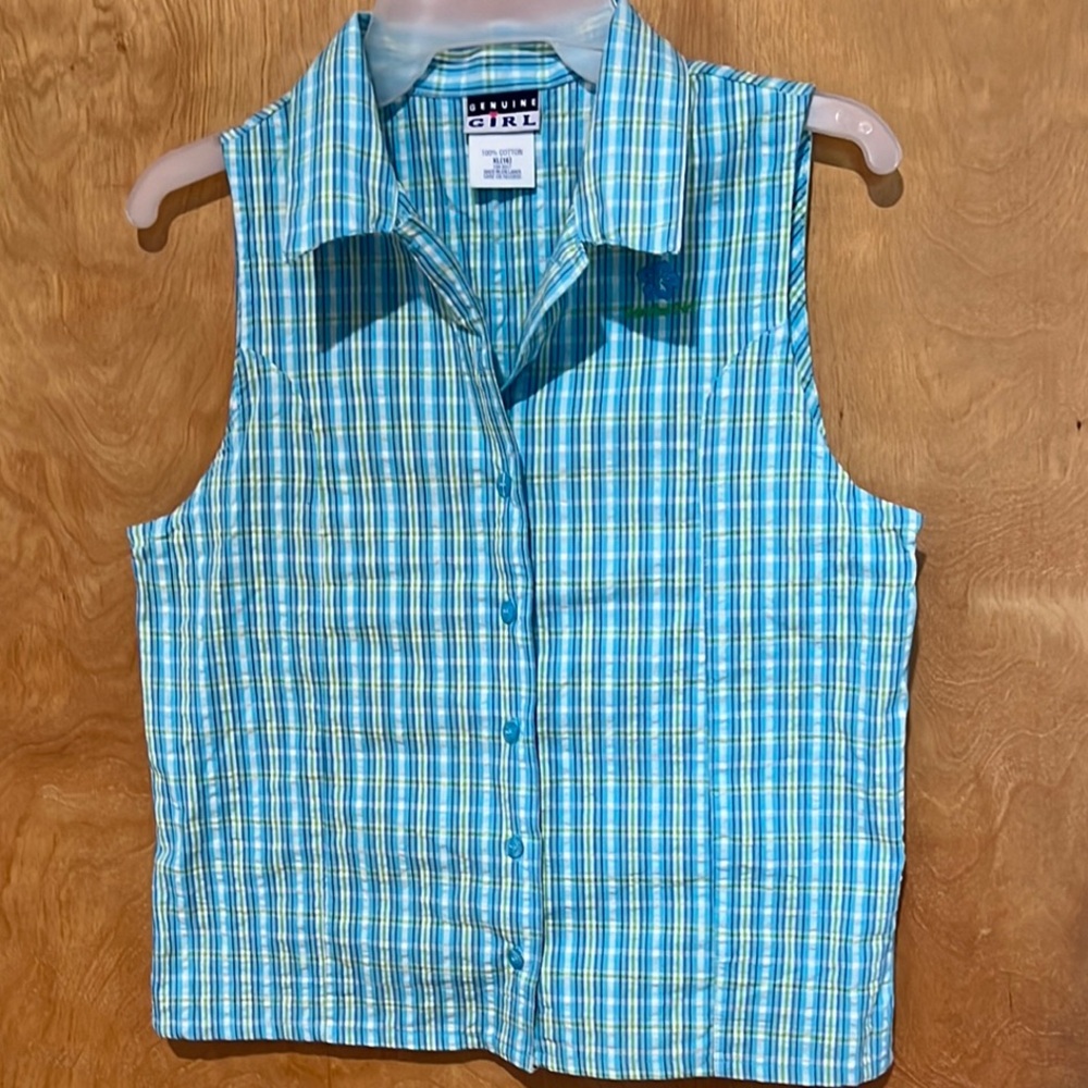 Girl’s Blue Plaid 100% Cotton Sleeveless Button-Up Shirt (Sz.XL)